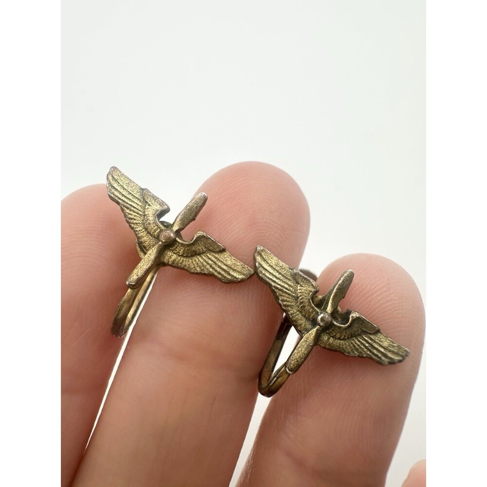 Vtg WWII Sterling Silver Pilot Prop Wings Flying  Sweetheart Screw Back Earrings